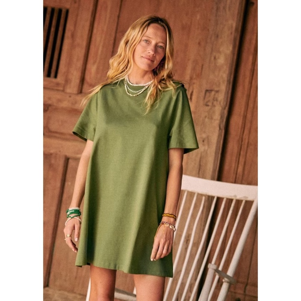 Sézane Selena Dress in Vert Tilleul Organic Cotton Button Shoulder XS